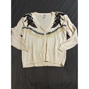 Vintage Cervelle Womens Sweater Beige 90s 2XL Western Fringe Snakeskin Flare